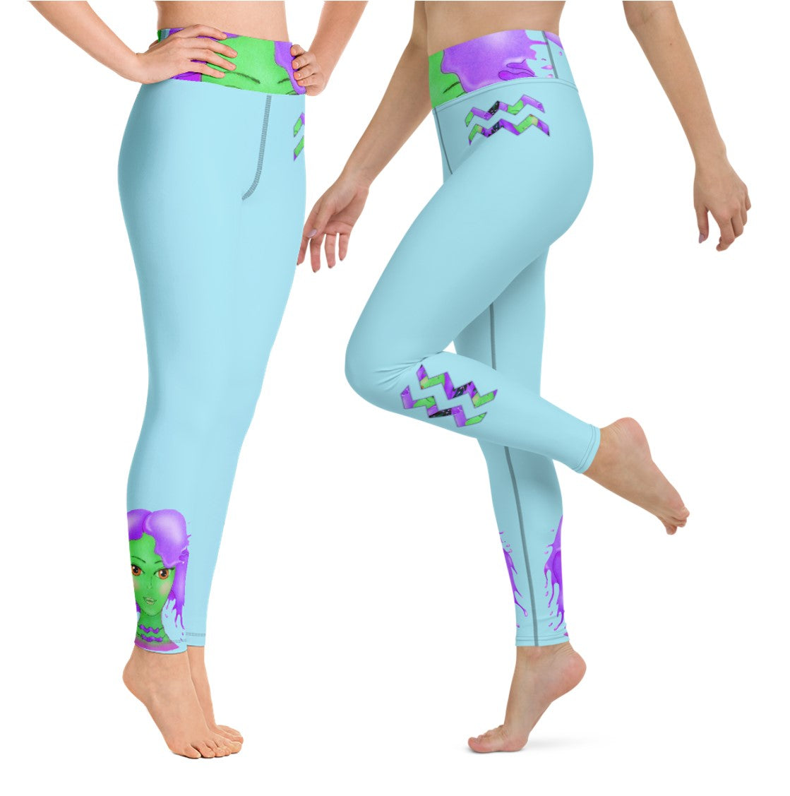 High Waist Leggings- Aquarius. Pale Sapphire Blue Yoga Pants. WickedYo.